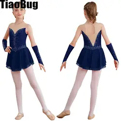 Kids Figure Skating Dance Dress Girls Glittering Rhinestone Keyhole Back Sleeveless Stage Performance Dress with Gloves