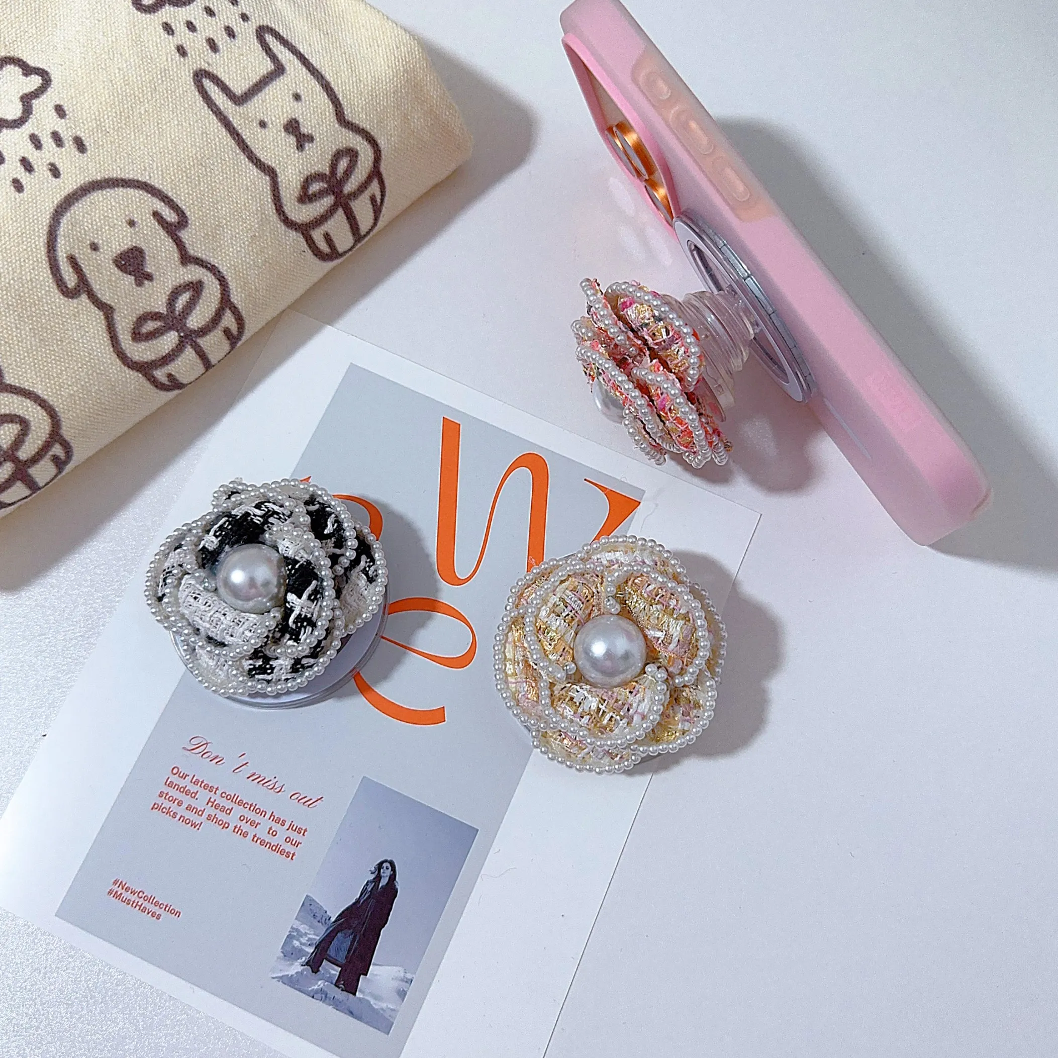 

Pearl edge cloth flower magnetic Foldable Griptok Phone Holder for IPhone Samsung Support Socket Pocket Grip Tok Stand Bracket