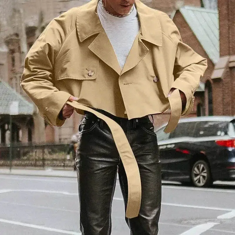 Commute Streetwear Jackets Men Solid Color Long Sleeve Loose with Belt Coat Fashion Casual Lapel Tooling Short Style Trench Coat