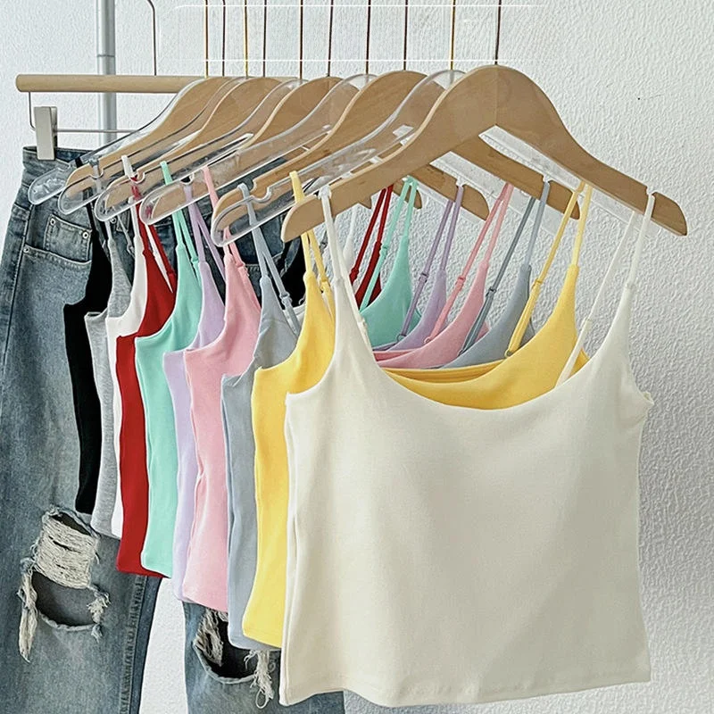 Fixed Cup Cotton Camisole Tank Top Sleeveless Slimming Innerwear Outerwear Spring Summer  Color Versatile Short Length