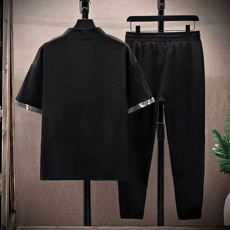 Shirts+Pants summer Korean style elastic waist Sportswear Men\'s Casual Sets Male Fashion trousers and shirt men size M-4XL TZ03