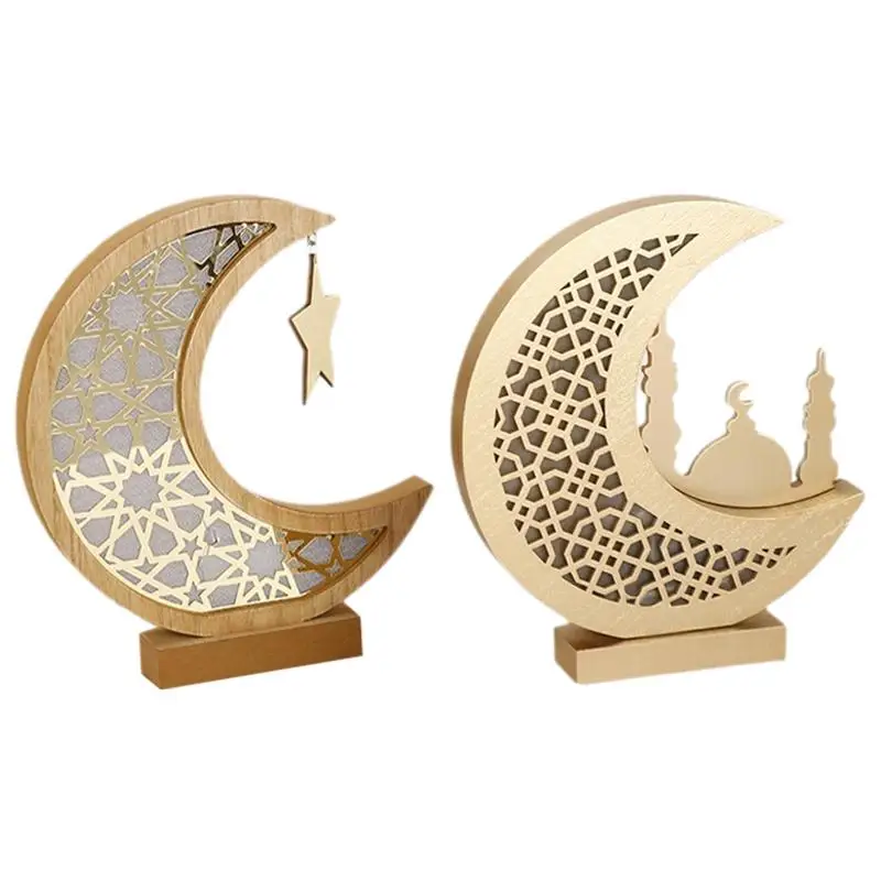 Eid Mubarak LED Lantern Ramadan Decoration 2024 Star & Moon Lamp Wooden Ornaments For Home Islamic Muslim Party Decor Lamp