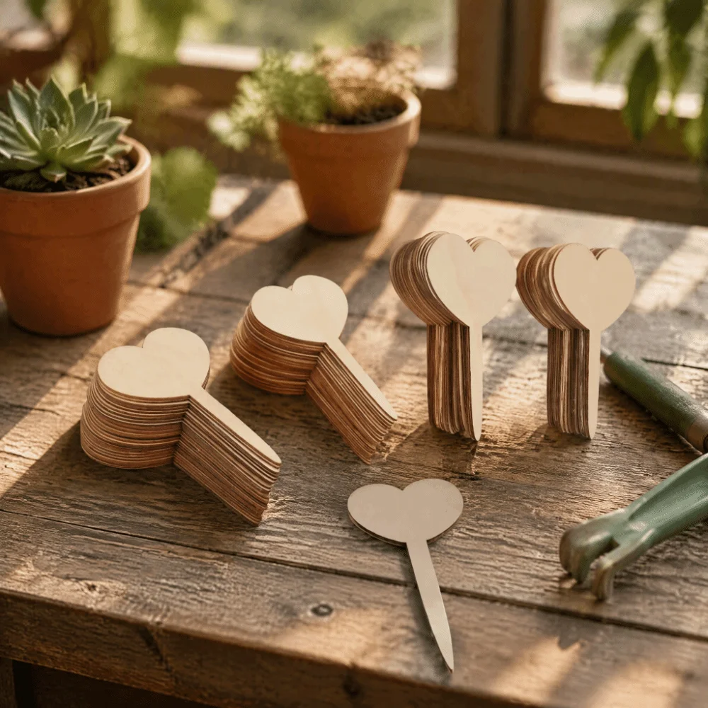 100PCS Heart Wooden Plant Labels 4.72 X 1.77 in Lightweight Plant Identification Tags Write on 2.5 Mm Thick