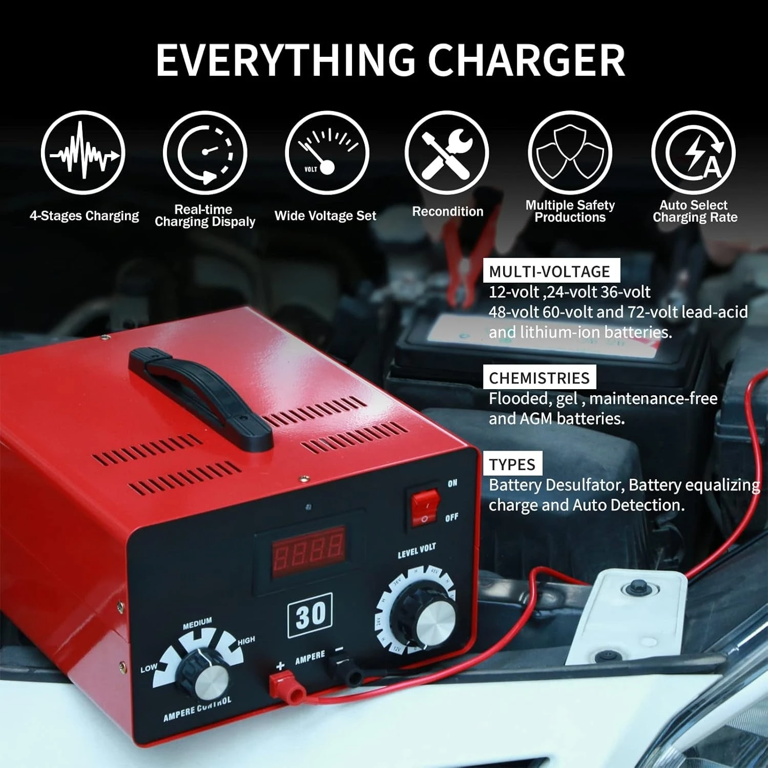 調整可能なバッテリー充電器 12V 24V 36V 48V 60V 72V スマート LCD ディスプレイ パルス修理脱硫器 ケーブルクランプ 自動車用 ·新品