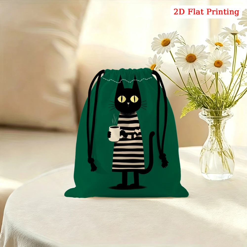 1pc Cartoon Cat Pattern Drawstring Bag Green Storage Small Pouch For Glasses Cosmetics Travel Organizer Portable Gift For Women