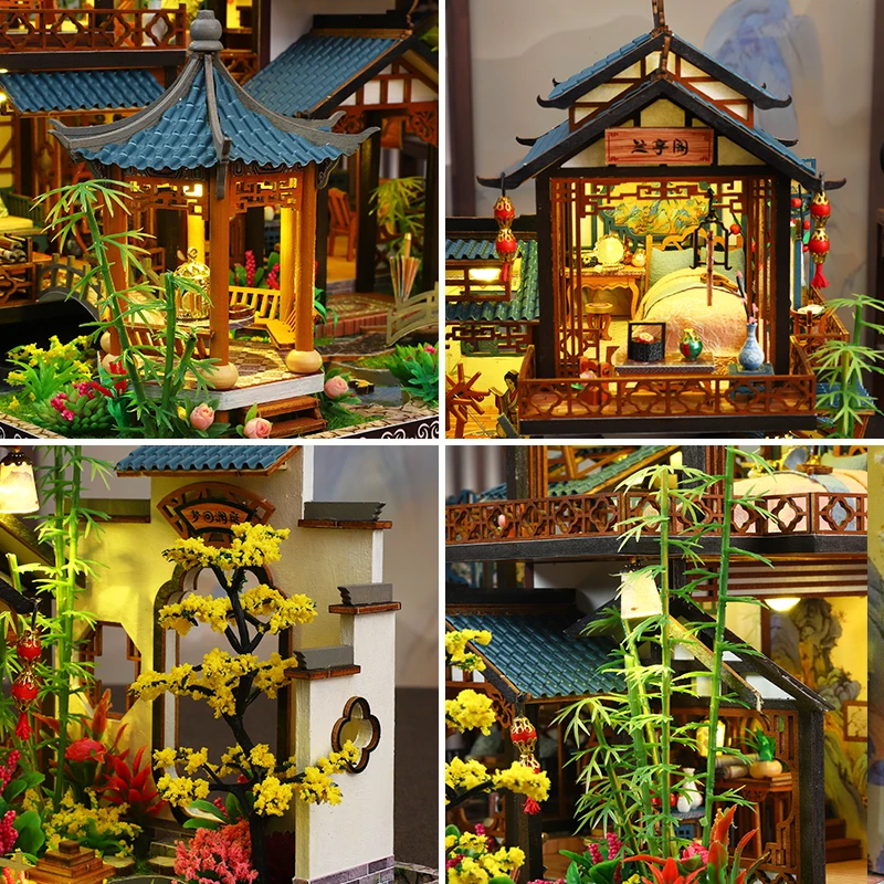 

Chinese Ancient Villa DIY Wooden Miniature Building Kits Doll Houses With Furniture Casa Dollhouses for Friends Birthday Gifts