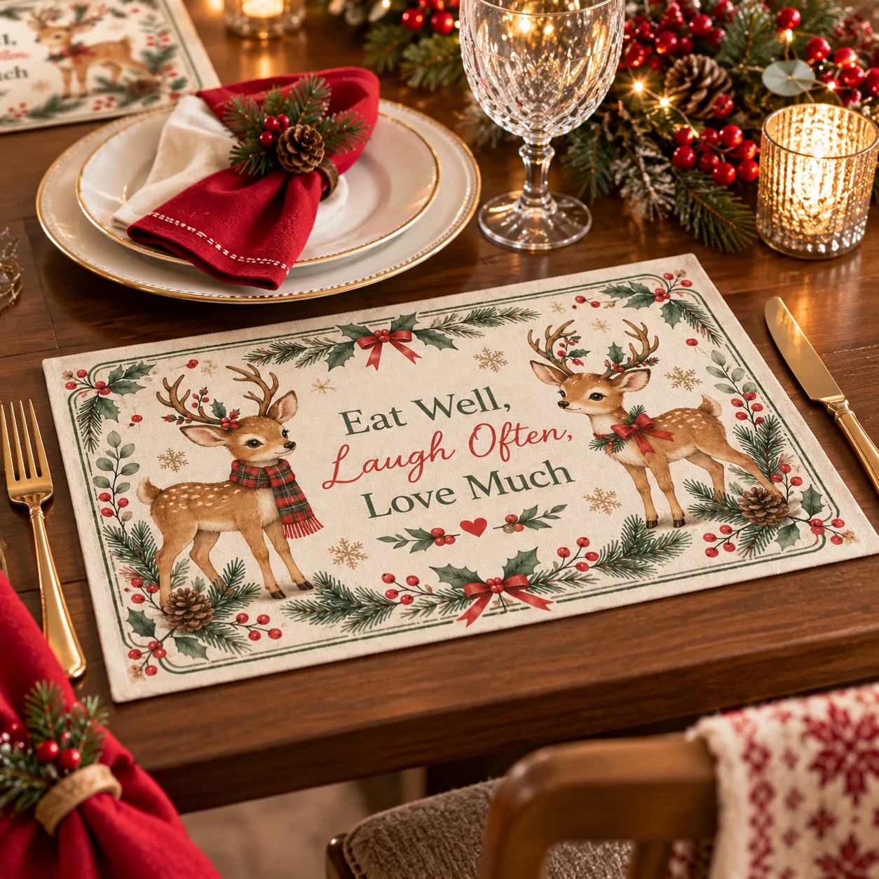 Christmas Reindeer Elk Placemats 30x45cm Linen Look Table Mats Snowman Tree Print  Anti-Slip Rectangular KitchenDining Decor Set