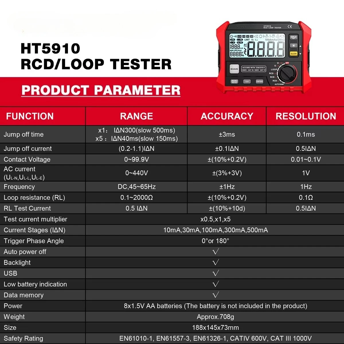 HT5910 Leakage Switch Tester LCD Digital Resistance Meter RCD/Loop Tester 1000 Data Storage Voltmeter Megohmmeter