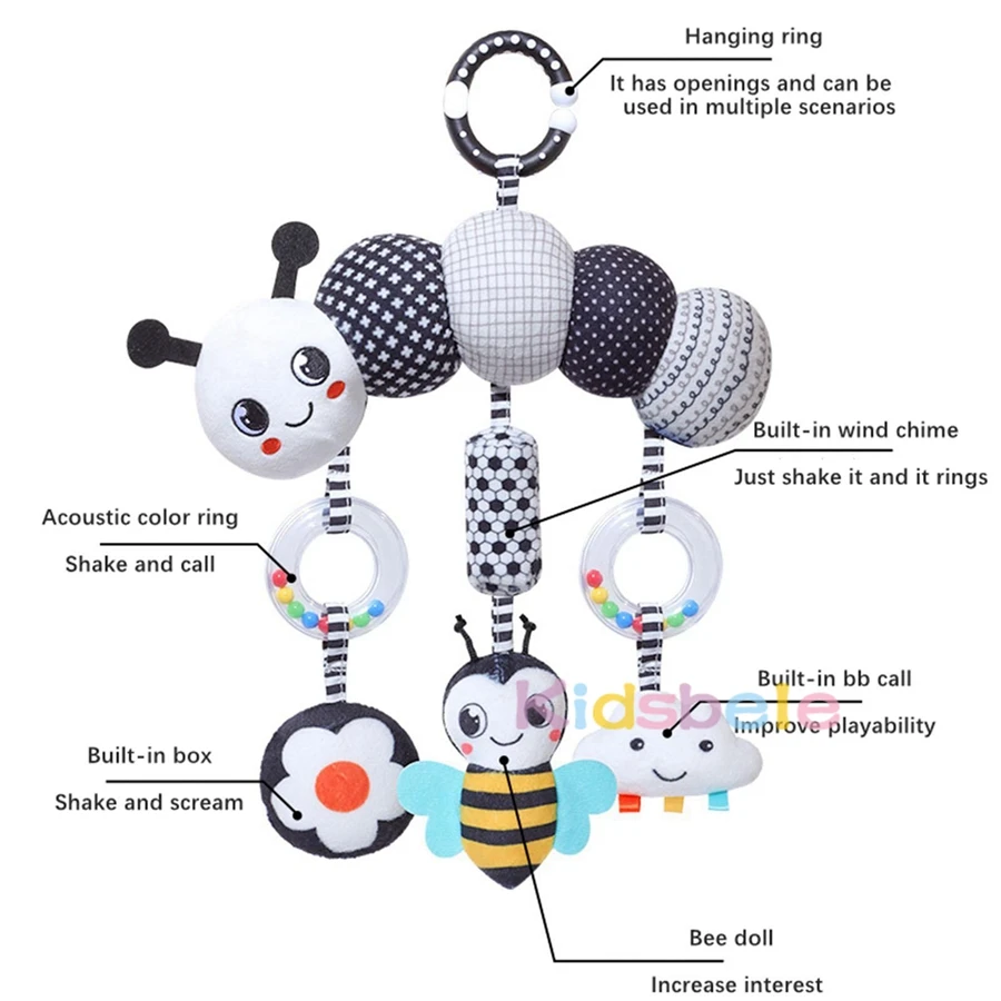 Jouet d'activité en spirale pour bébé, pour poussettes, sièges de voiture, hochet froissé, peluche suspendue, jouet de développement sensoriel pour nouveau-né à haut contraste