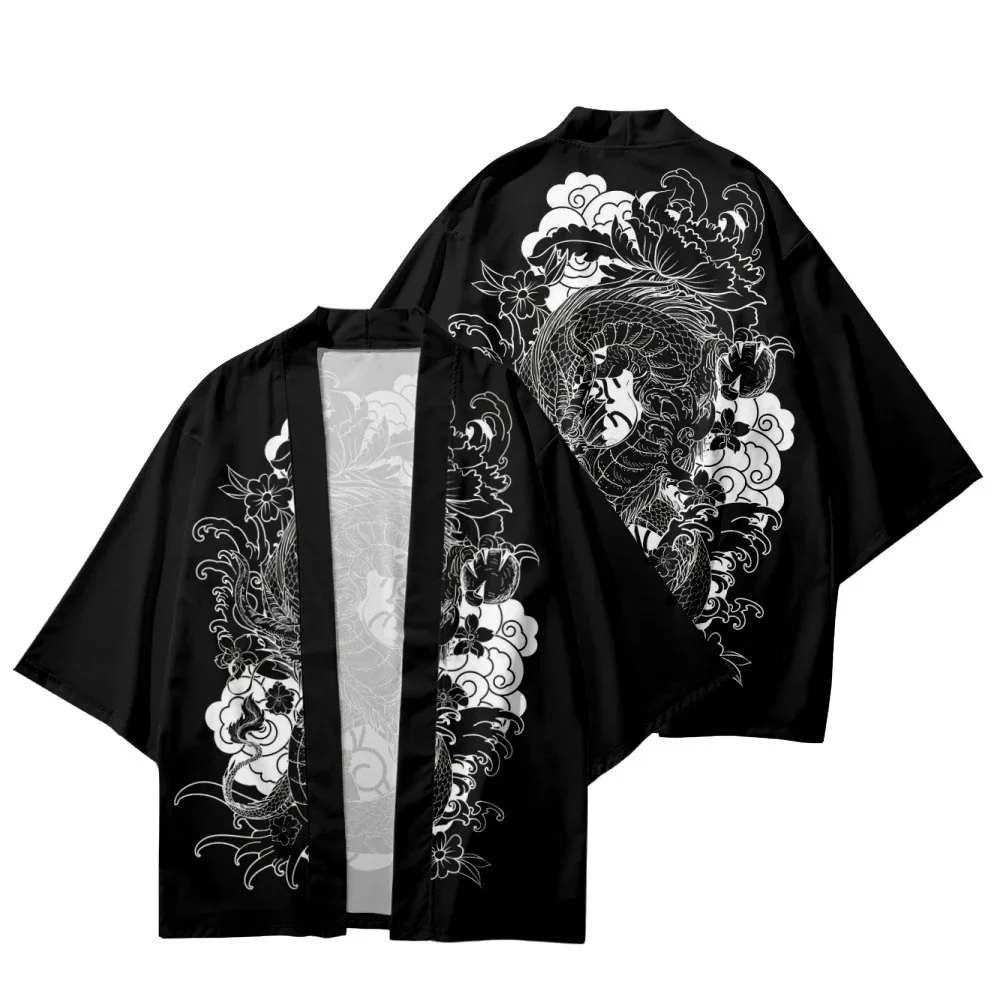 Men Open Front Haori Kimono Cardigan 3D Print Oriental Dragon Cloud Floral Wave Pattern Polyester Loose Short Sleeve Outerwear