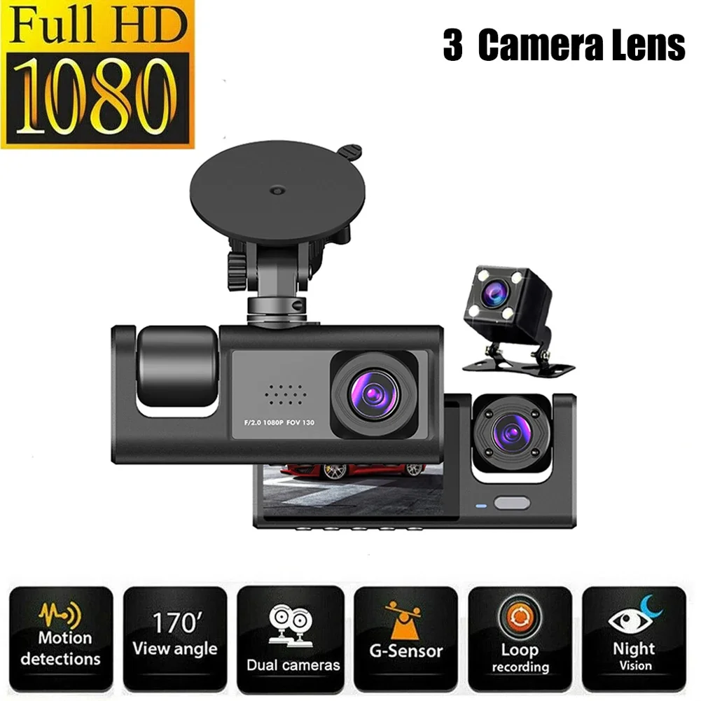 

1080p Drive Recorder 2 Inch Dashcam Car Night Vision Dash Camera Front and Inside 3-Lens Cam Reverse Image Car Camcorder Record