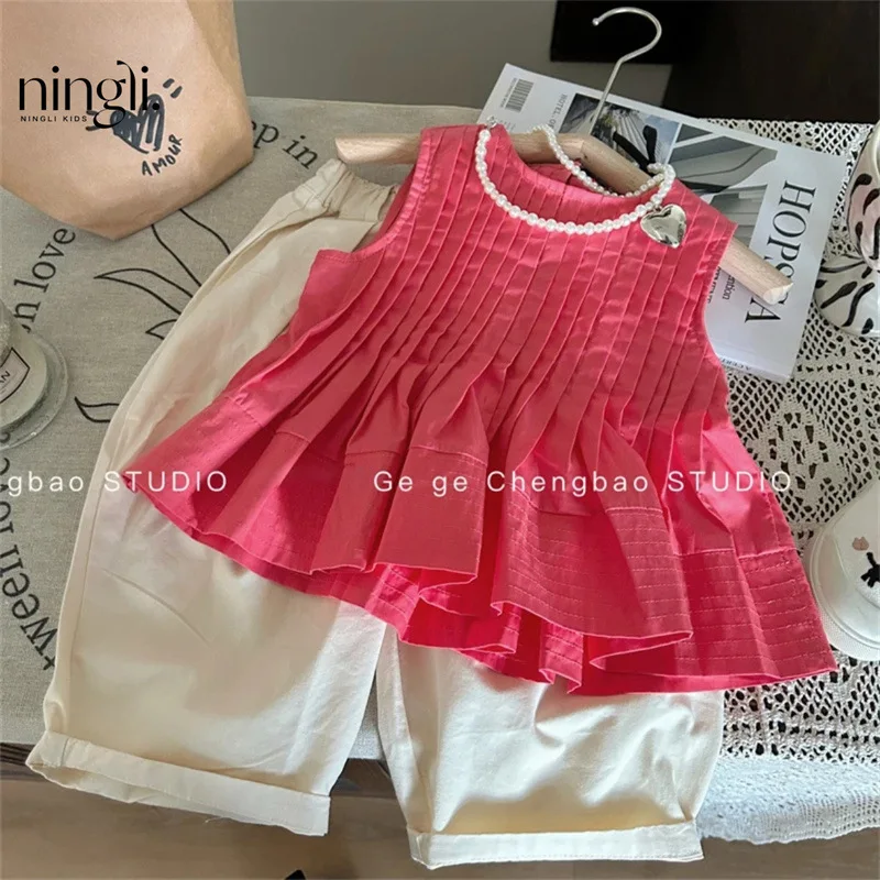 

Girls Summer Set New Fashion Solid Color Red Vest+Apricot Wide Leg Pants Baby Girl SuitinsTide