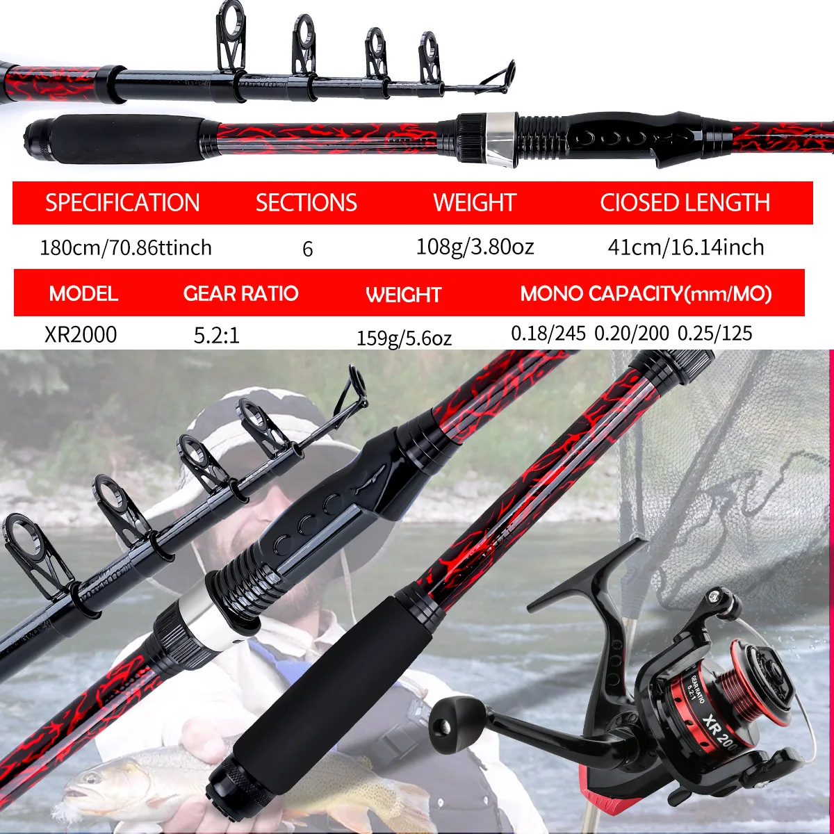

1.8m Fiberglass Telescopic Luya Rod, Black & Red Straight Handle, Portable Durable Fishing Rod Set for Sea & Outdoor Fishing