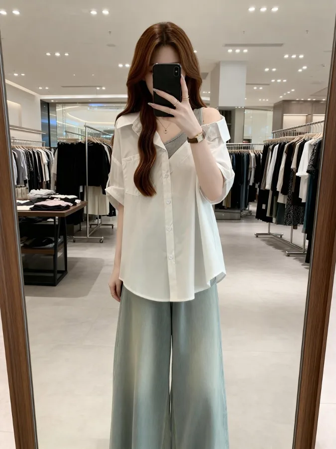 

plus Size Slimming Patchwork Short Sleeve Shirt Korean Style Loose Fit Breathable Summer New Arrival Women's Fashion Top