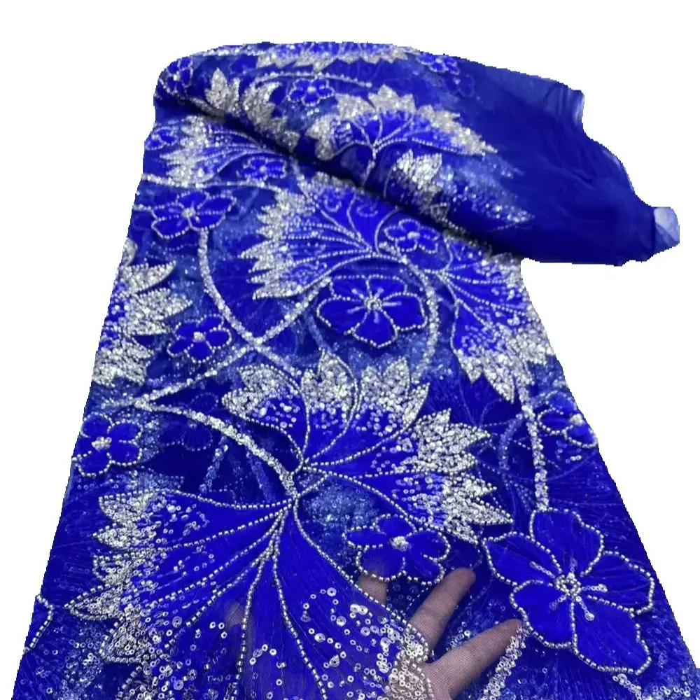 

5 Yards African 3D Flower Lace Fabric Embroidery French Mesh Lace Fabric With Sequins Groom Nigerian Tulle Lace For Party