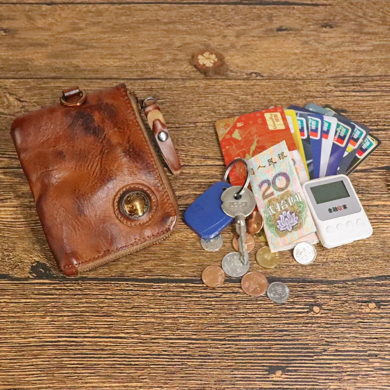 

Hanrted верхний слой дубленой воловьей кожи в стиле ретро, большая емкость на молнии, сумка для хранения монет, держатель для карт, чехол для ключей из натуральной кожи