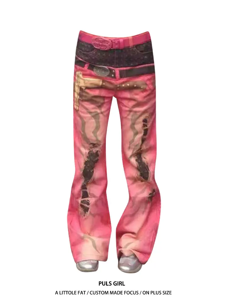 

Washed American Street Style plus Size Denim Jeans Women's High Waist Flared Pants Print Tiger Pattern Casual Trousers