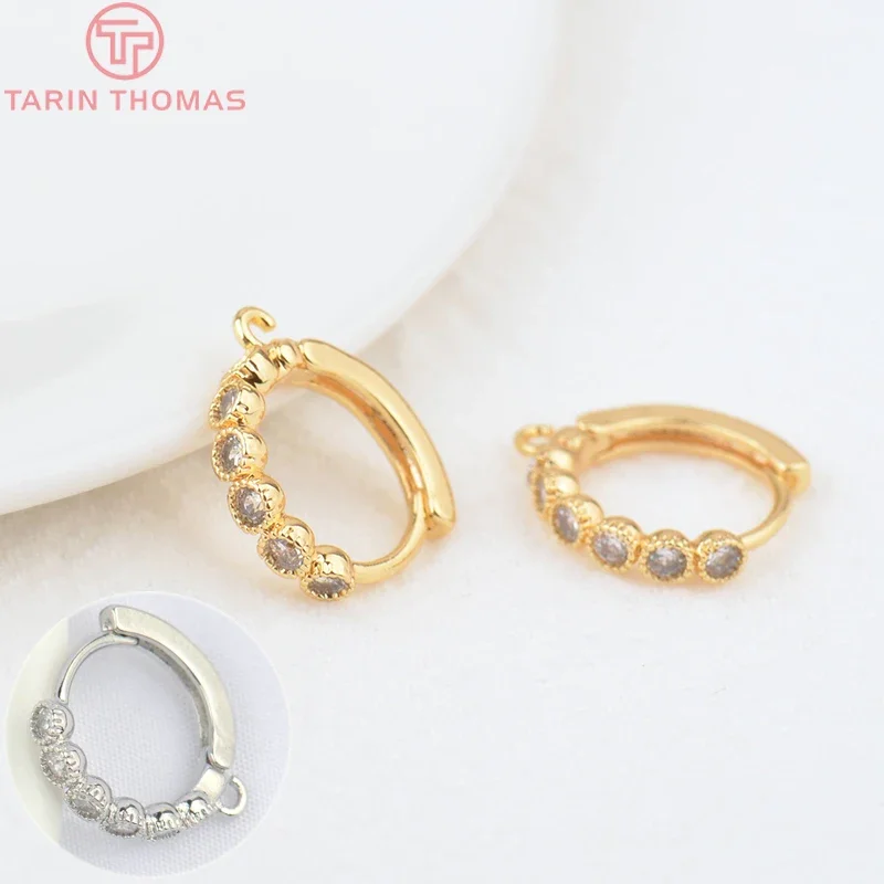 

(2657)6PCS 13.5MM Hole 1.5MM 24K Gold Color Brass with Zircon Round Earring Hoop High Quality DIY Jewelry Making Findings