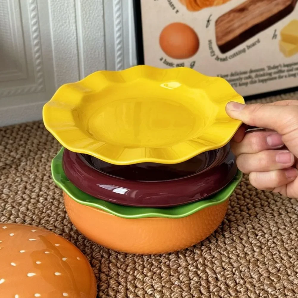 Creative Hamburger Tableware Set Ceramic Underglaze Color Full Tableware Plate and Bowl 5pcs Kitchen Tableware Accessories