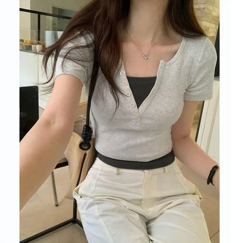 Fake Two Pieces T-shirts Women Summer New Short-sleeved Solid Color Slim Casual Thin Korean Style Office Lady Short Tops Female