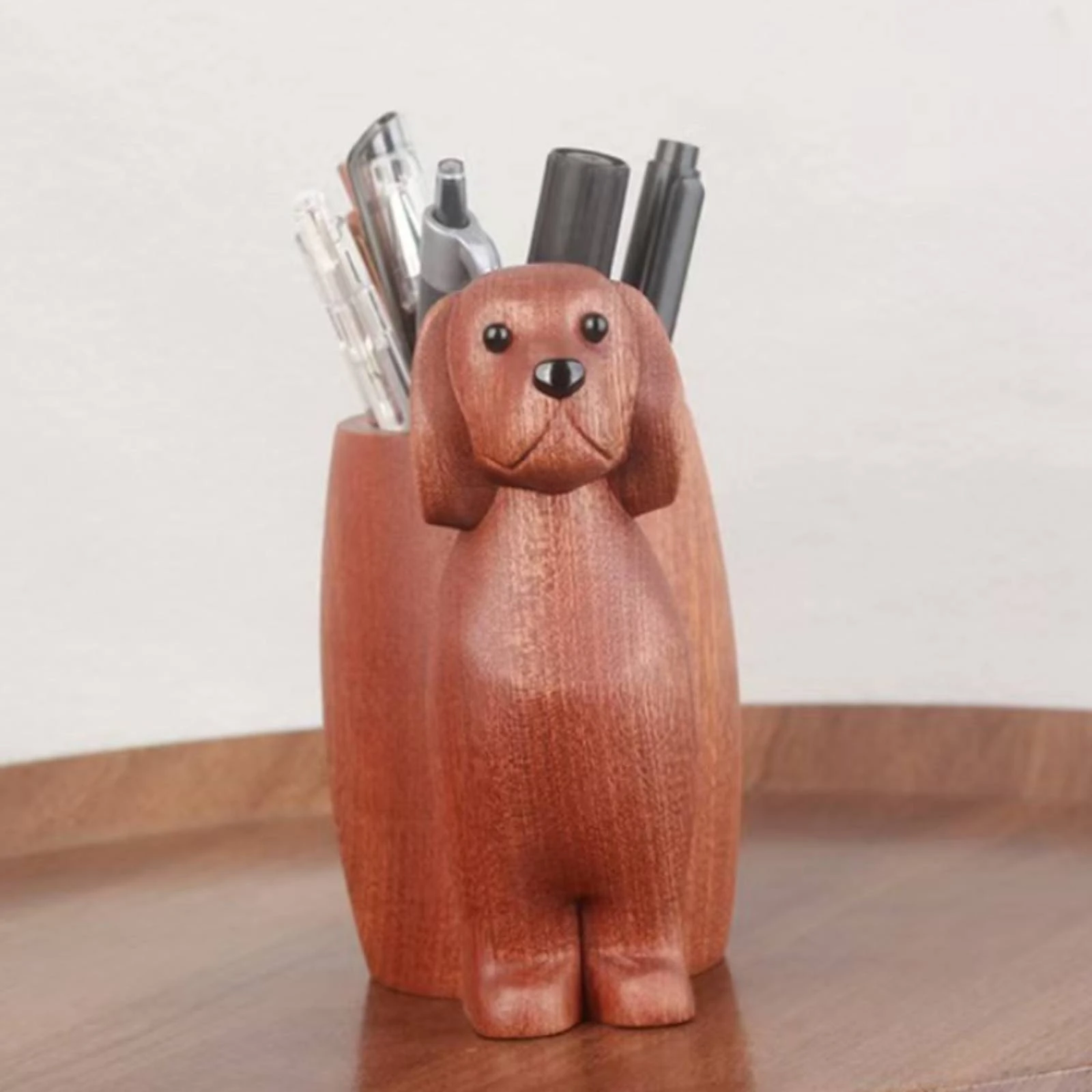 

Wood Puppy Pen Holder Carved Sitting Puppy Organizer Dog Pen Holder Floppy Ears Wood Desk Ornament Polished Finish