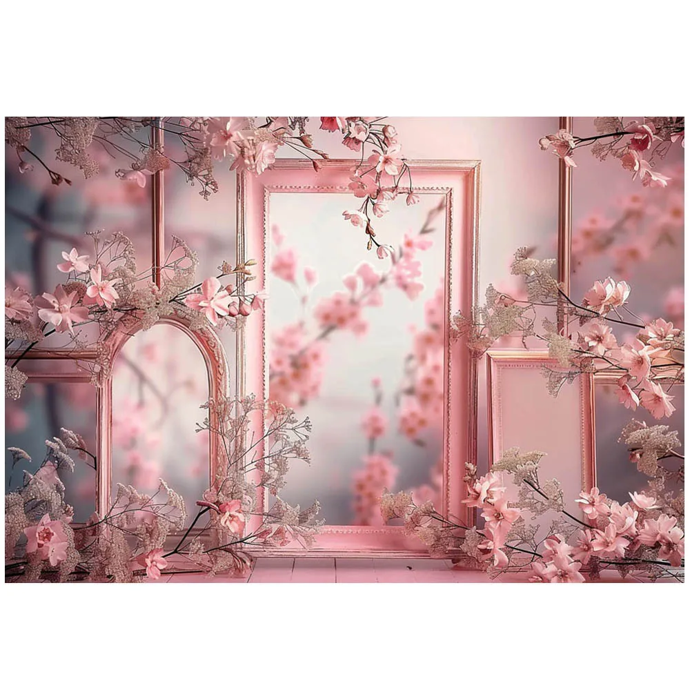 Mocsicka Backdrops for Photography Pink Mirror Frame Flower Women Girl Vintage Art Photo Background Photo Studio Photocall Props