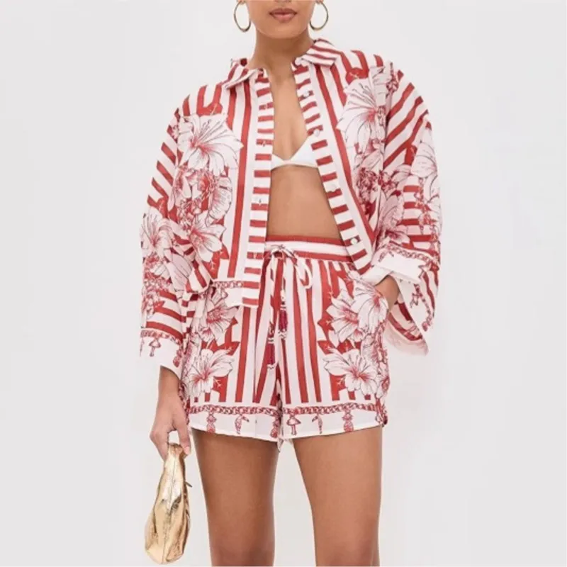ファッション花柄ストライププリントショートパンツセット レディース カジュアル バットウィングスリーブ ルーズシャツ ハイウエスト レースアップパンツ ビーチ ホリデー ツーピースセット