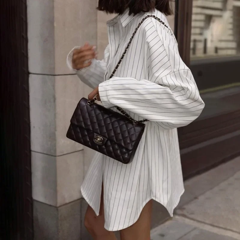 Fashion Autumn Winter Women Oversized Striped Long Shirt White Long Sleeve Loose Fit Blouse Female