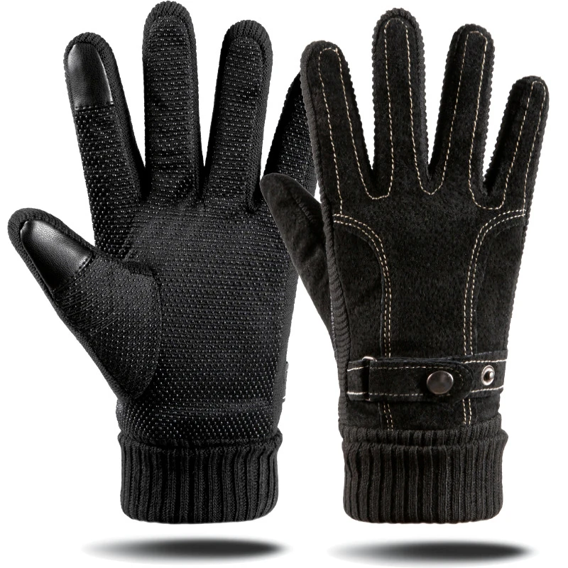 Winter Men's Gloves Suede Keep Warm Touch Screen Windproof Driving Guantes Thick Plush Anti Slip Outdoor Male Leather Gloves