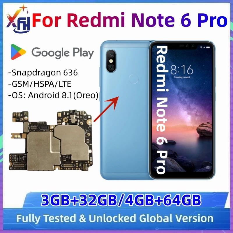 Motherboard for Xiaomi Redmi Note 6 Pro, 32GB, 64GB ROM, Mainboard, with Google Playstore Installed