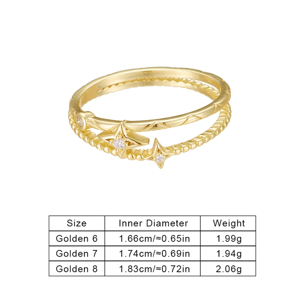925 Sterling Silver Multi Tone Plated Two Layer Four Pointed Star Zircon Beaded Thin Stackable Daily Promise Ring Jewelry Gift
