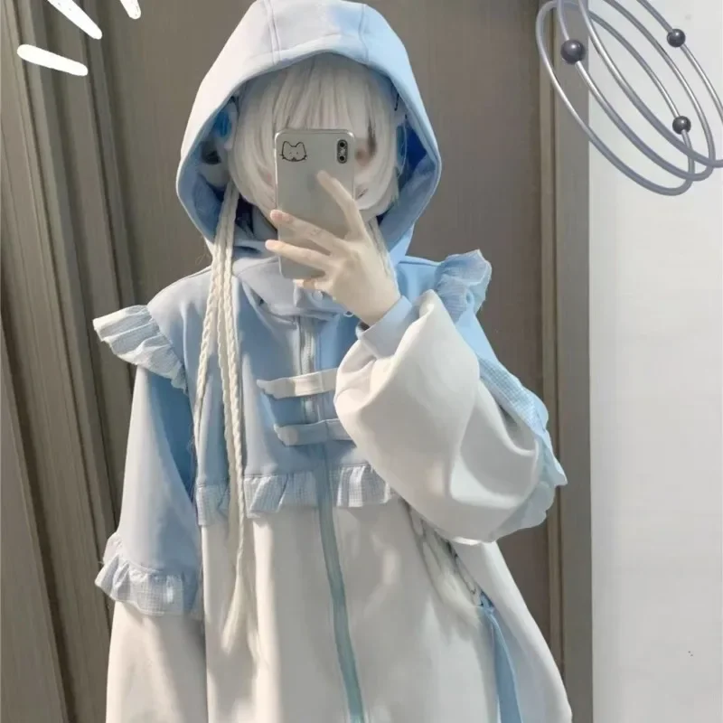 Harajuku قلنسوة بسحاب معطف المرأة كبيرة الحجم الحلو فضفاض ملابس خارجية غير رسمية ثقافة فرعية Y2K اليابانية Kawaii لوليتا تصميم هوديس COS #4