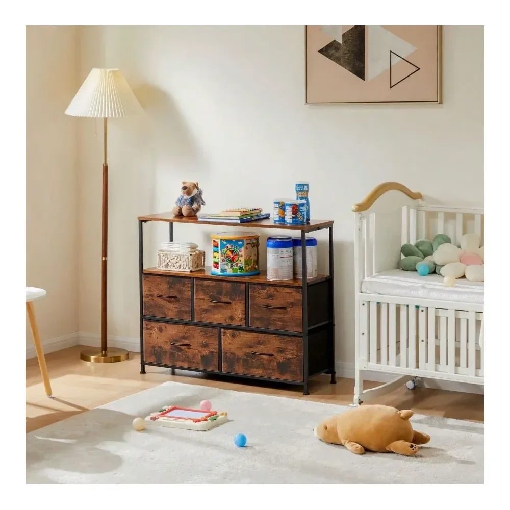 

Tall 5Drawer Fabric Dresser Storage Cabinet With Wood Top For Bedroom, Closet, Or TV Stand Use Rust Brown