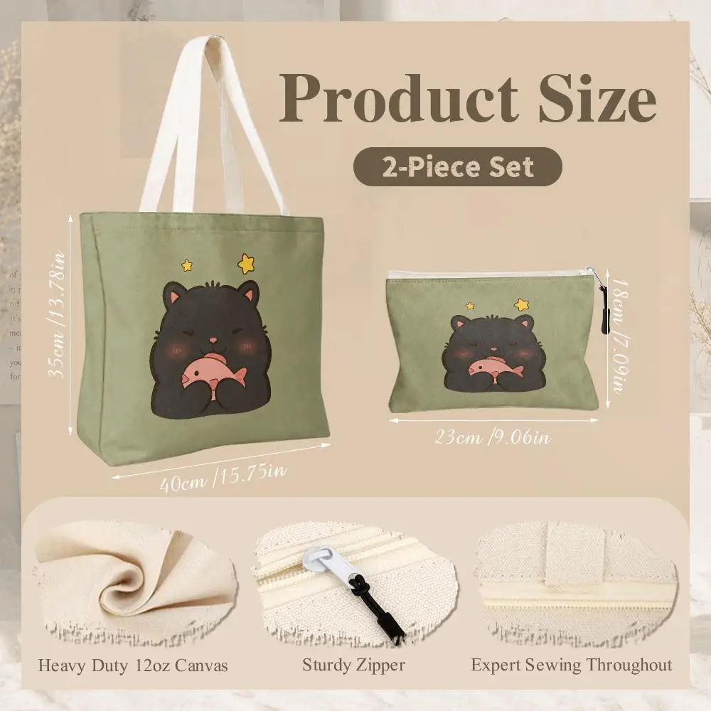 Cute Animal Character Storage Bags 2-Piece Women's Canvas Zipper Large Capacity Reusable Daily Commute Shopping&Gift