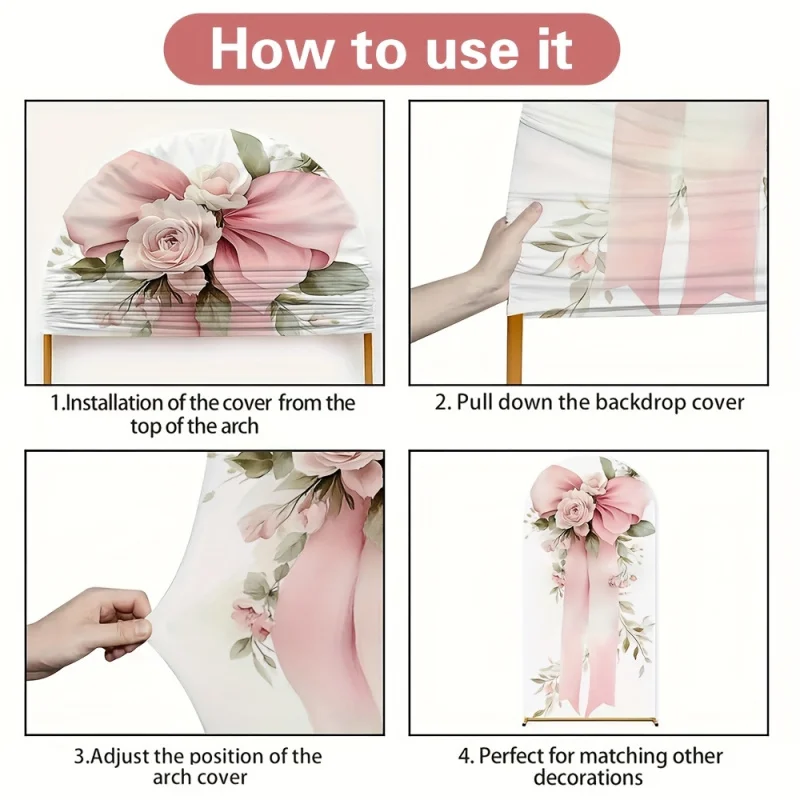 VIKAMA Romantic Floral Arch Backdrop Pink Bow Ribbon Print Outdoor Wedding Arch Cover Baby Shower Party Decor view 6