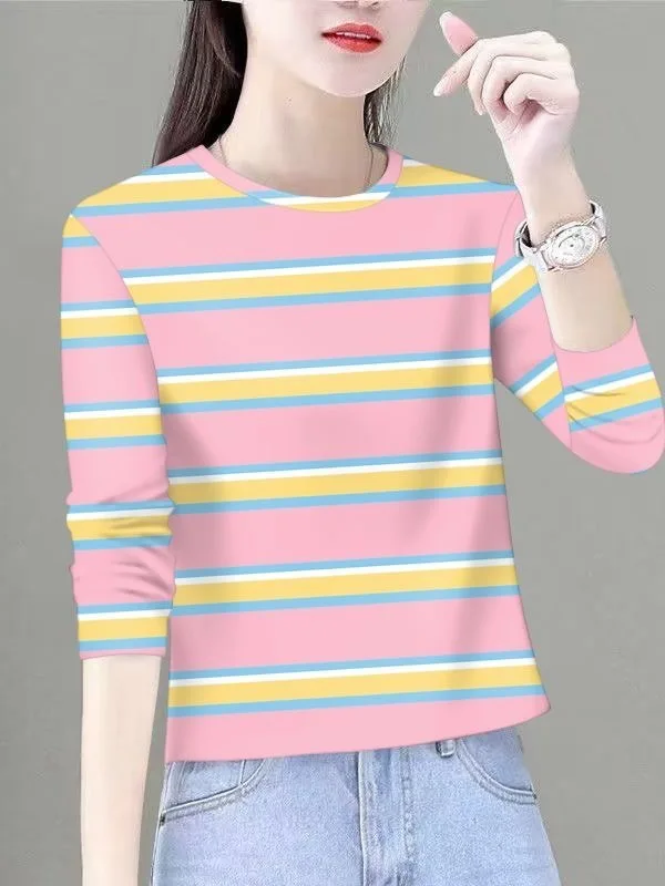 

Stripes Long Sleeve round Neck T-Shirt Women's Casual Loose Fit Polyester Fiber Print Casual Wear Summer Top