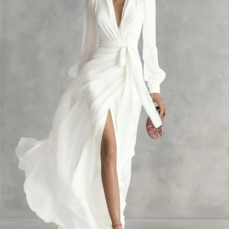 Spring Fashion Long Sleeve Solid Maxi Dress Women's Sexy V Neck High Waist Belted Long Dress 2026 Summer Bohemian Vacation Dress