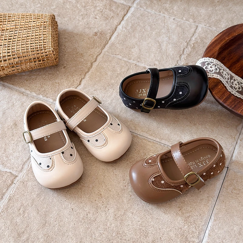 2026 Spring Girls Polka Dot Mary Jane Shoes Cute Versatile Children Princess Dress Shoes for Daily Wear Flexiable Kids Flat Shoe