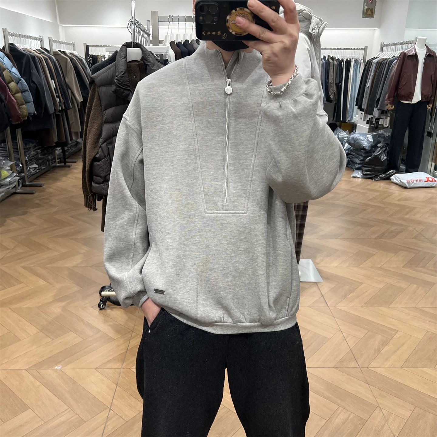 

Spring New Luxury Design Sense Line Split Stand Collar f Zip Hoodie Men's American Loose Top Trendy Long Sve Cotton Pol...