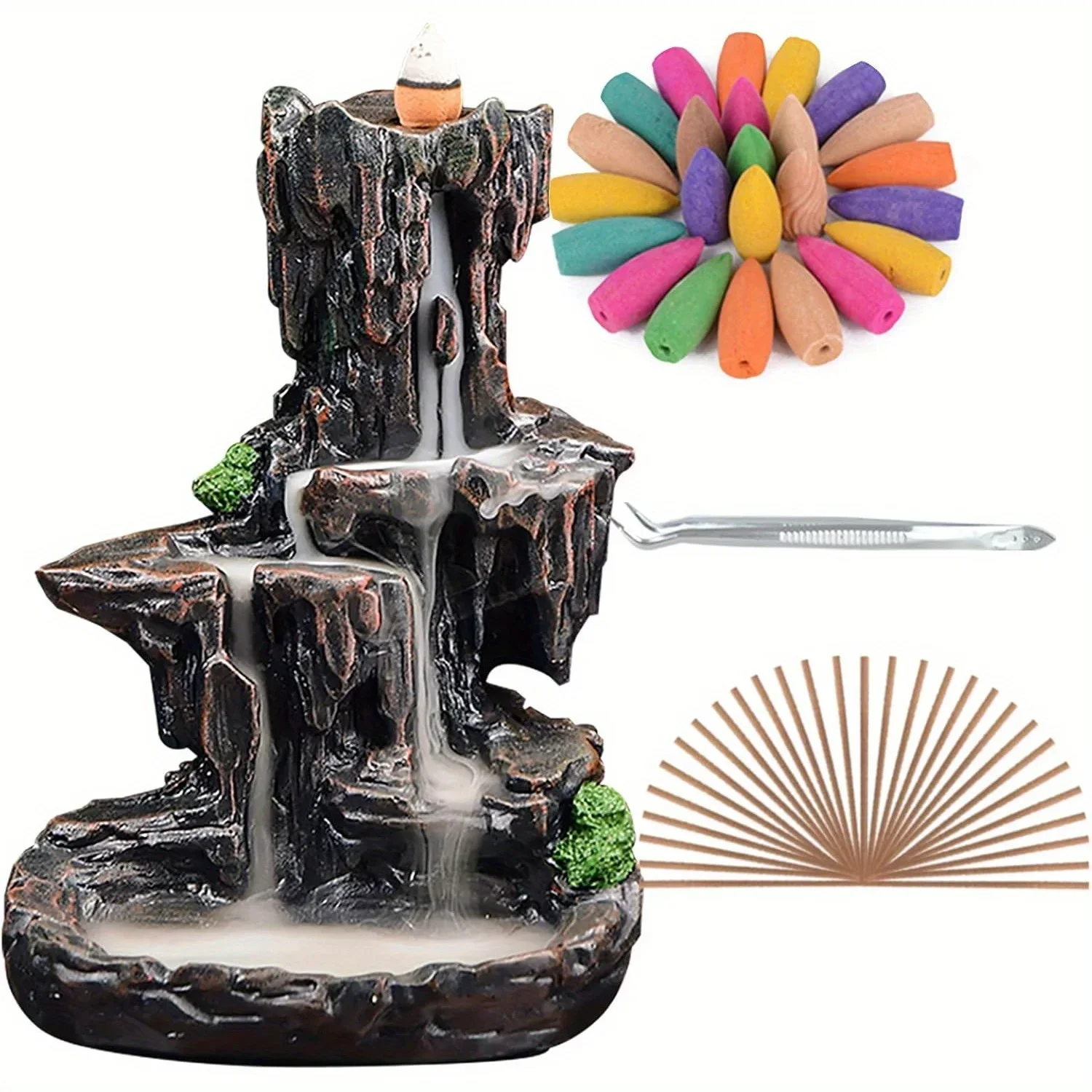 Waterfall Monk Incense Burner Mountain Tower Incense Holders Home Office Yoga Aromatcherapy Ornamen, Stone Brown