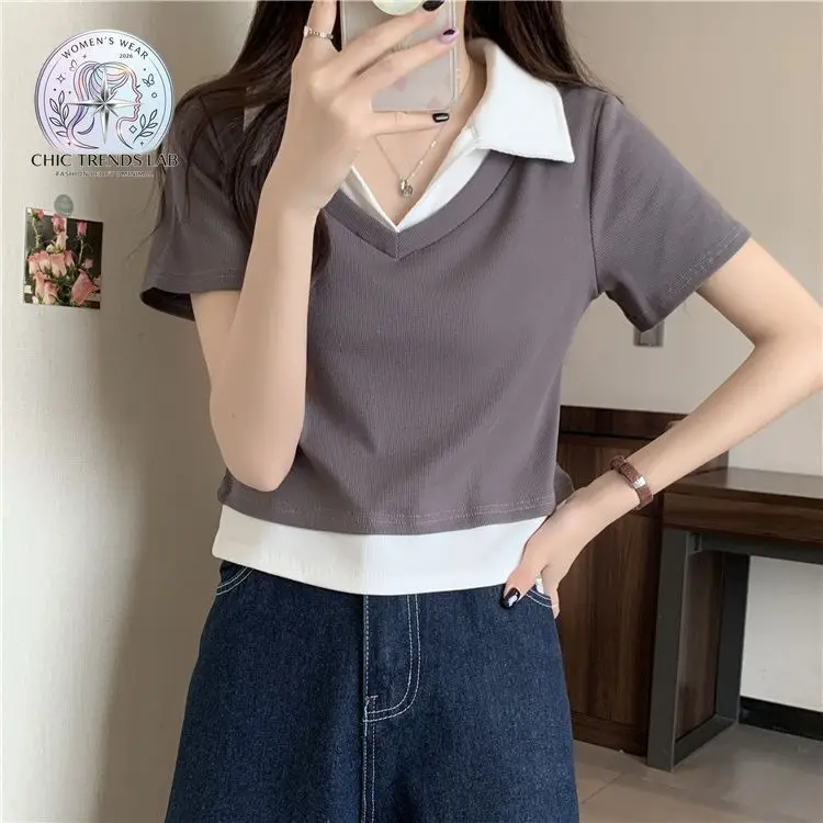 Women Contrast Trim Polo Collar Crop Top Summer Short Sleeve V-Neck Slim Fit Baby Tee Preppy Office Casual Y2K Two Tone T-Shirt