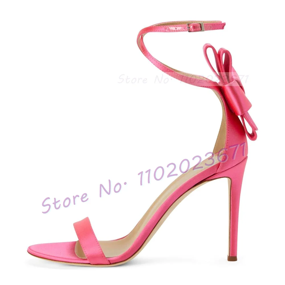 Pink Lovely Bowknots Satin Sandals Women Elegant High Heels Cross Strap Nude Dress Shoes Ladies Buckle Strap Summer New Sandals