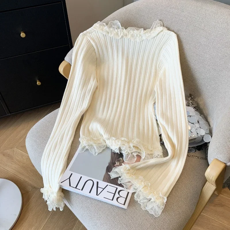 Koronkowy sweter z dzianiny z długim rękawem Sueters De Mujer Vintage V Neck Knitwear Flare Damskie koszule przeciwsłoneczne