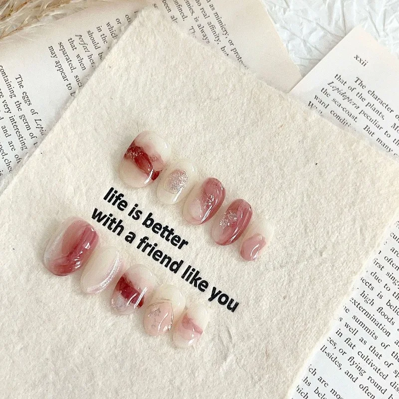 

Handmade False Nails with Glue Sweet Pink White Nail Art Prosthetic Nail Set Glitter Short Press on Nails with Box and Tools