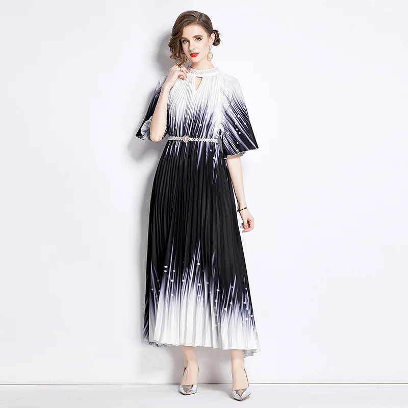 2024 Light Luxury Fashion Dingzhu Prined Pleated Dress Women's Summer Stand Collar Short Sleeves Sashes Temperament Long Skirt