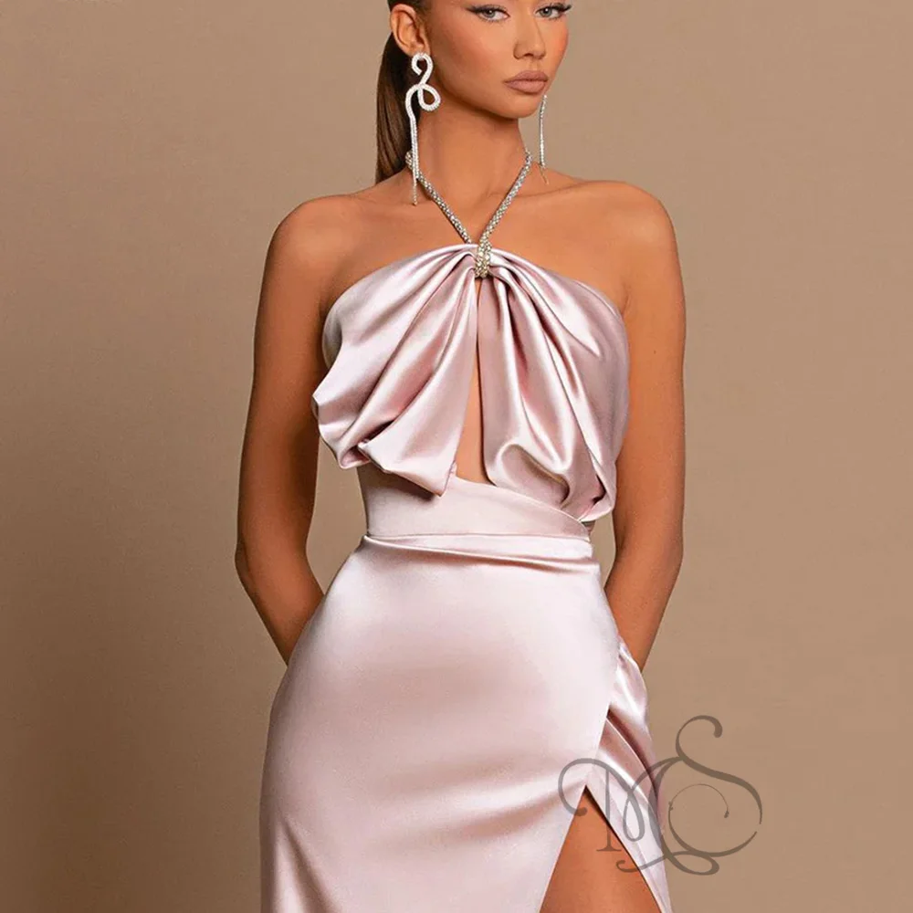 Pink Sexy Evening Dress Halter Sleeveless Prom Dresses Satin High Side Split Mermaid  Sweep Train vestidos de graduación