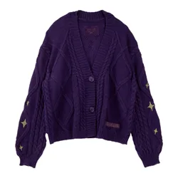 Women Loose Knitted Cardigans Coat Y2K Star Embroidery Sweaters Vintage Purple Streetwear Casual Single Breasted Long Sleeve Top