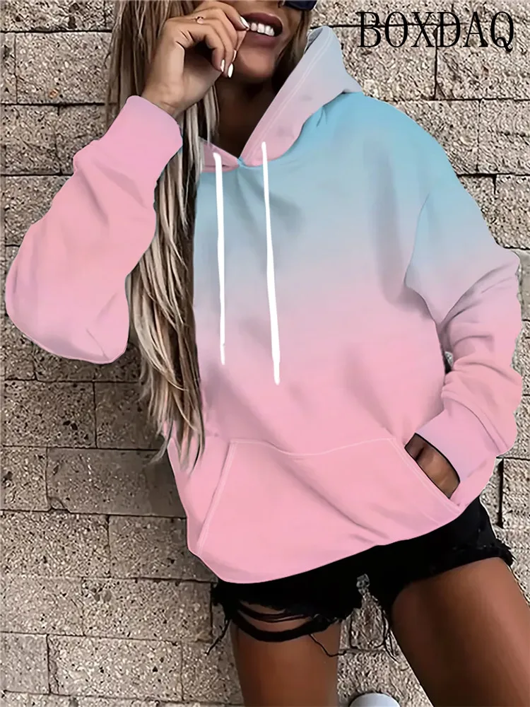 Autumn Casual Long Sleeves Pocket Sweatshirts Fashion Color Gradient Tie-Dye 3D Print Women Drawstring Hoodies Women's Clothing