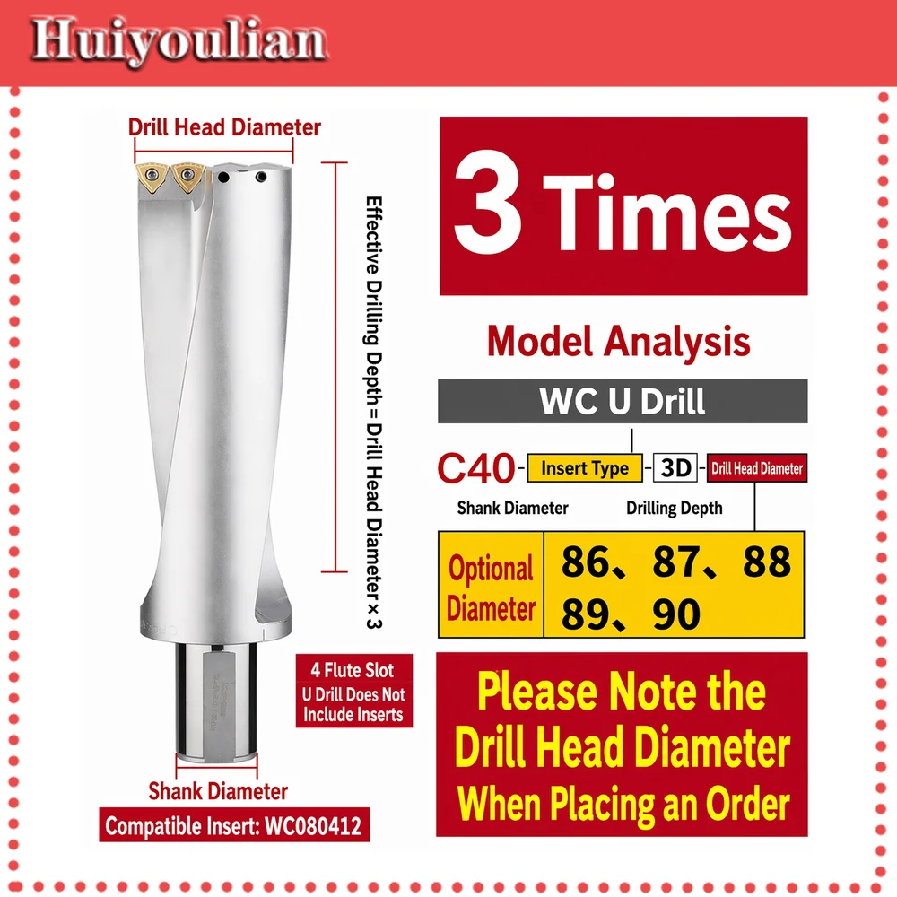 3D-WCU Indexable U Drill C40 Shank WCMX080412 Inserts 76-80mm Through Coolant Heavy Duty for Lathe Steel Stainless Cast Iron