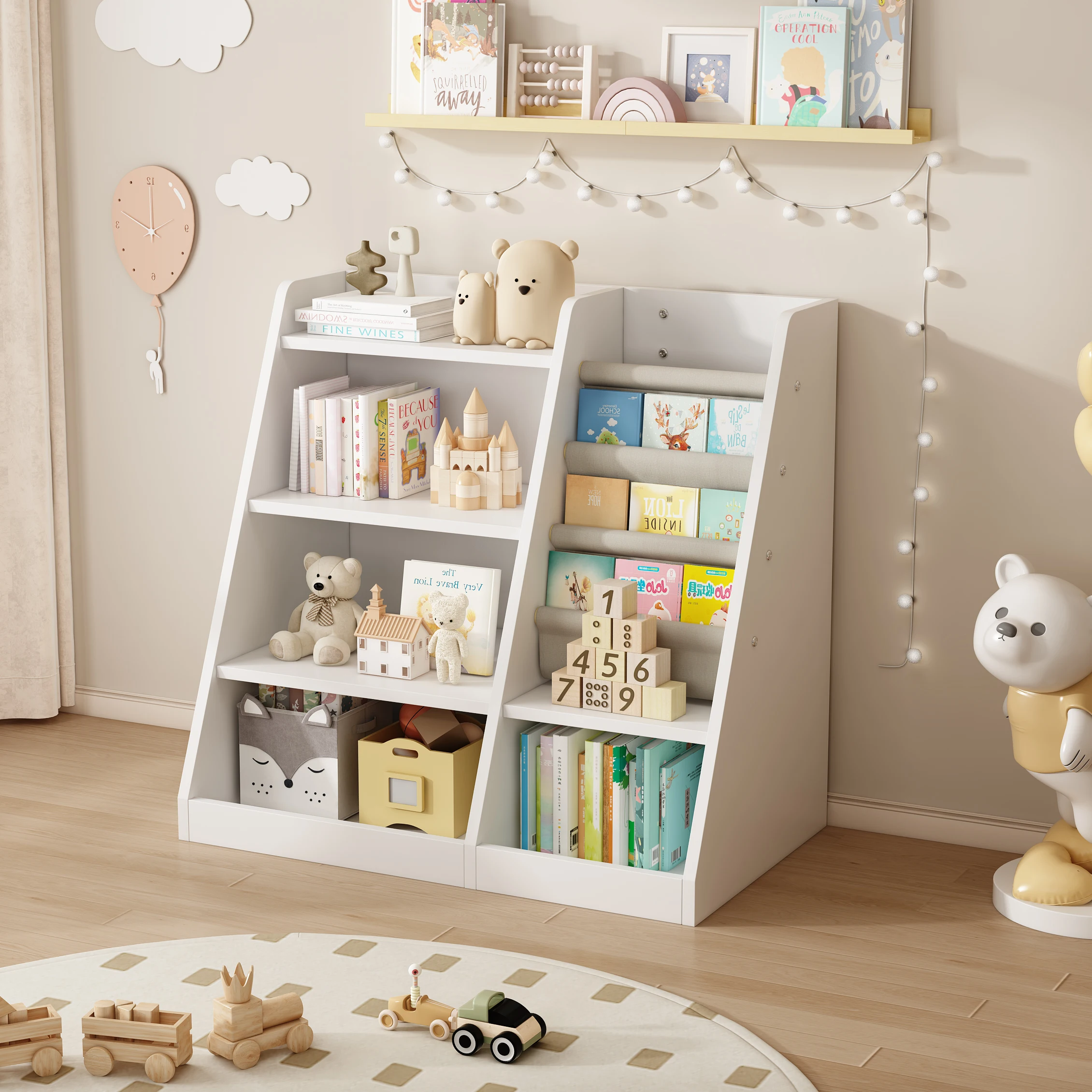 White Wooden Toy Storage Organizer Cabinet Kids Bookshelf Children Bookcase Toddler Baby Sling Book Rack Adjustable Shelf